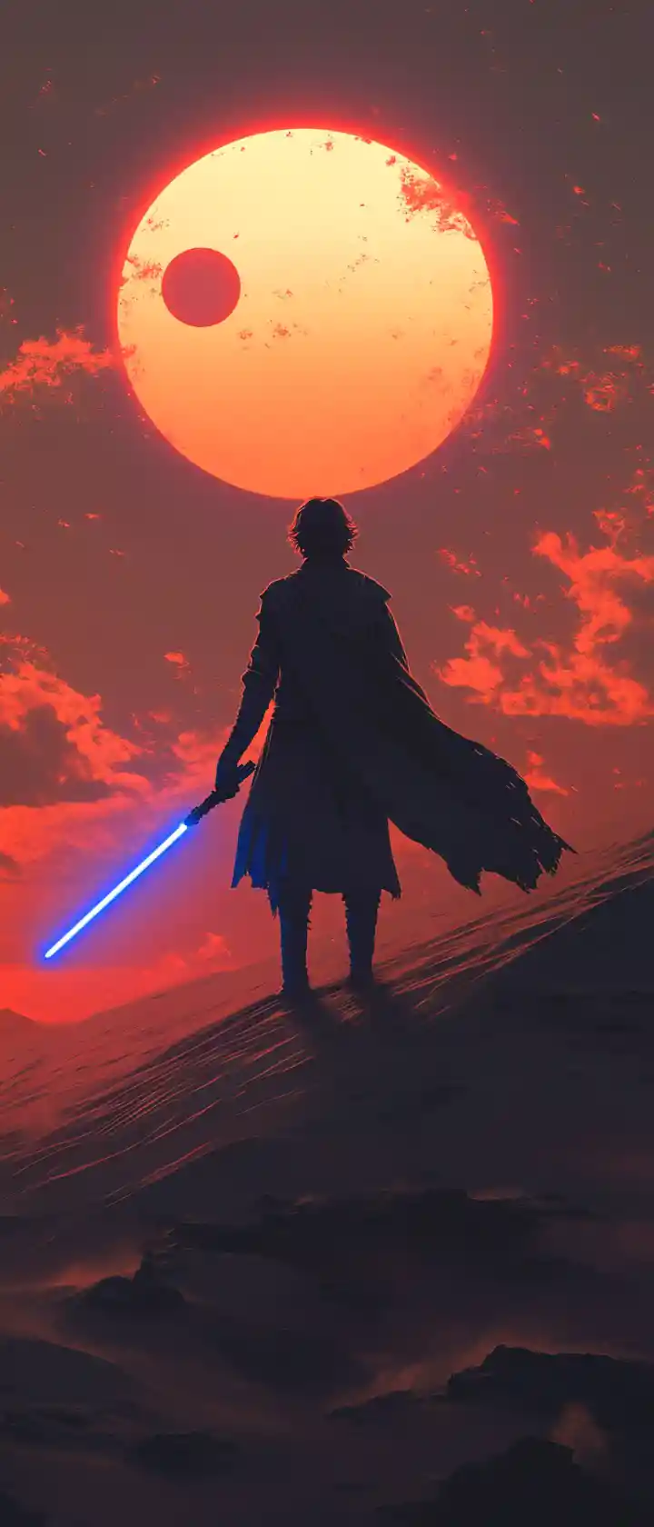 Anime hero with blue lightsaber at crimson desert sunset