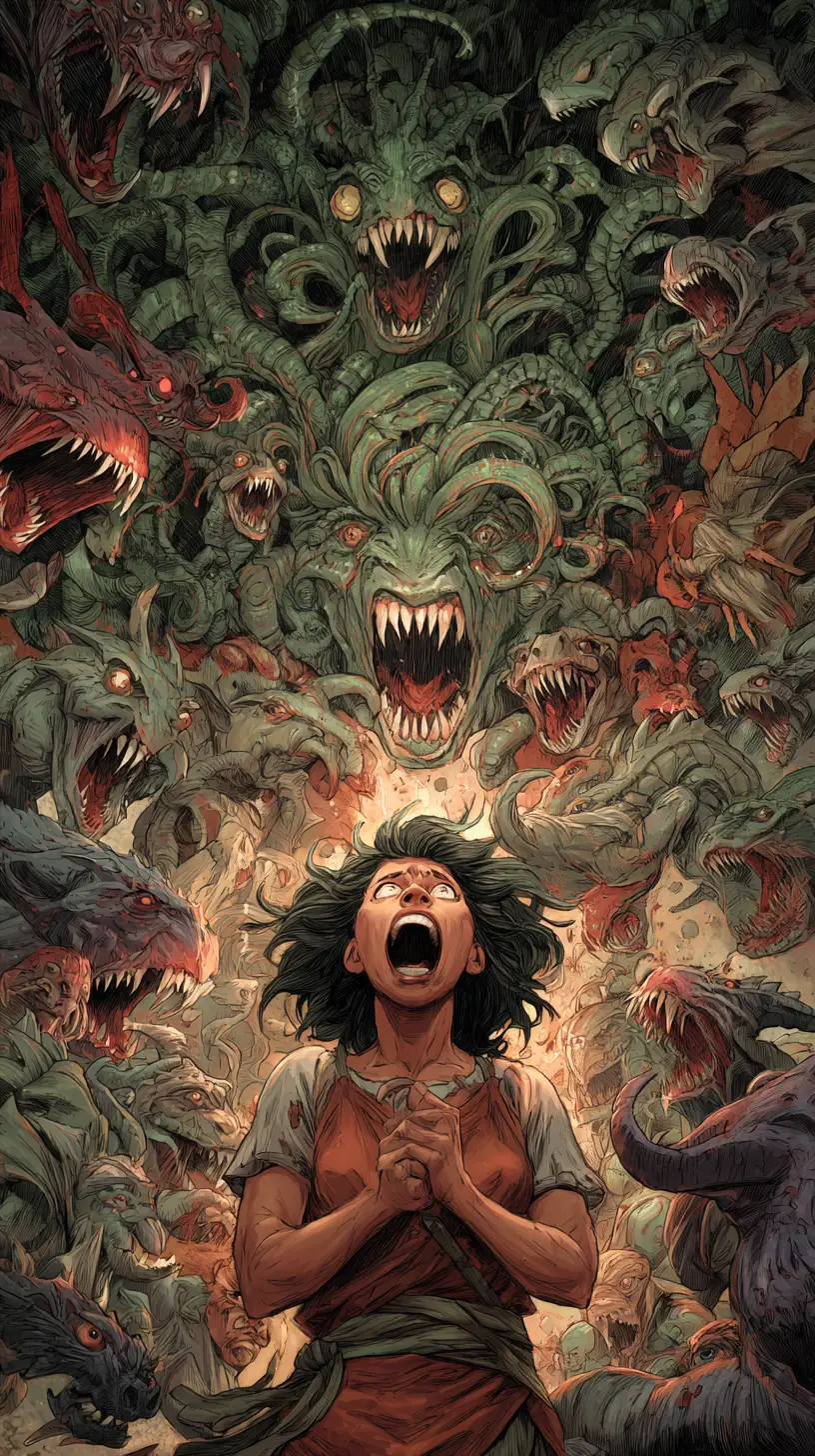 Woman screaming before terrifying monsters in a mythical world