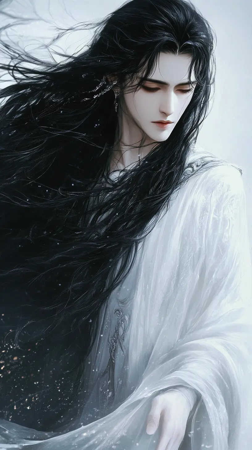 Ethereal man with raven hair in iridescent robes