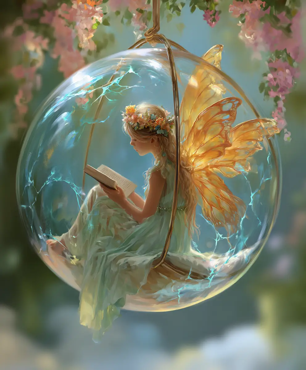 Ethereal Fairy Reading Inside A Glowing Glass Orb