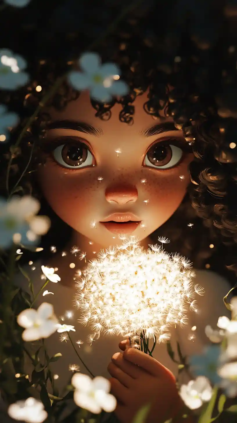 Curious girl holding glowing white flowers at dusk