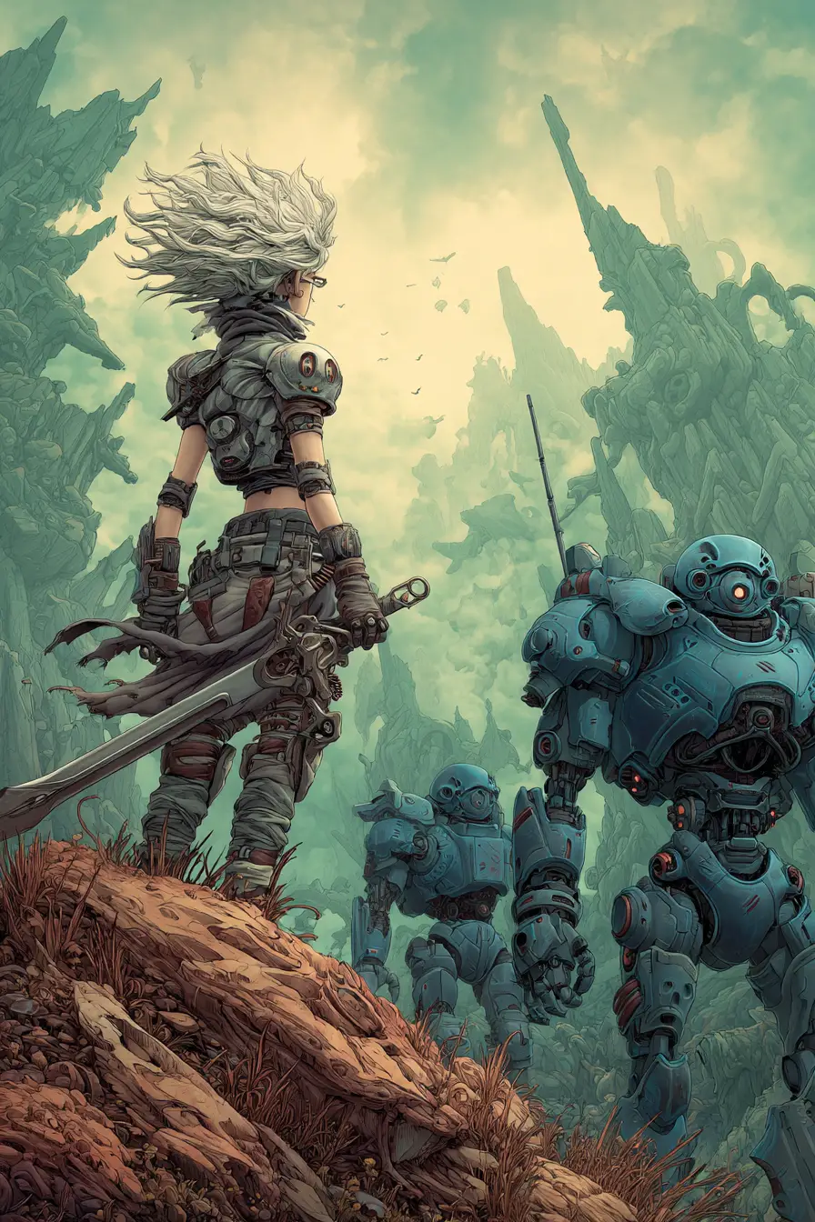 Warrior maiden with robots on a scarred alien world
