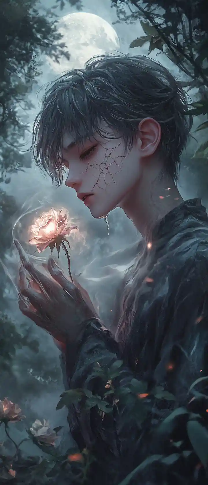 Ragazzo anime in una foresta nebbiosa con una rosa appassita luminosa
