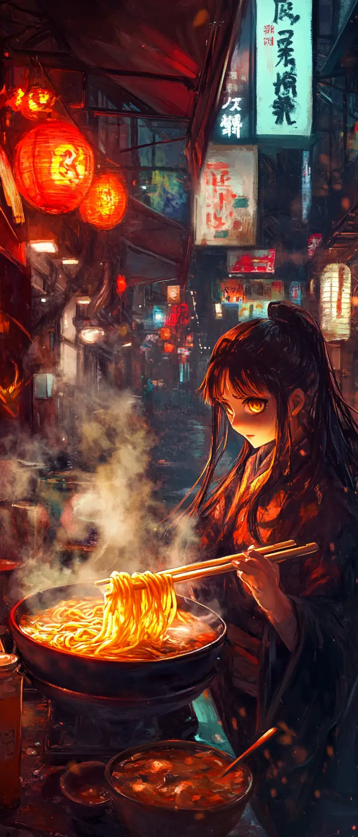 Neon lit Tokyo ramen stall with anime cook at midnight