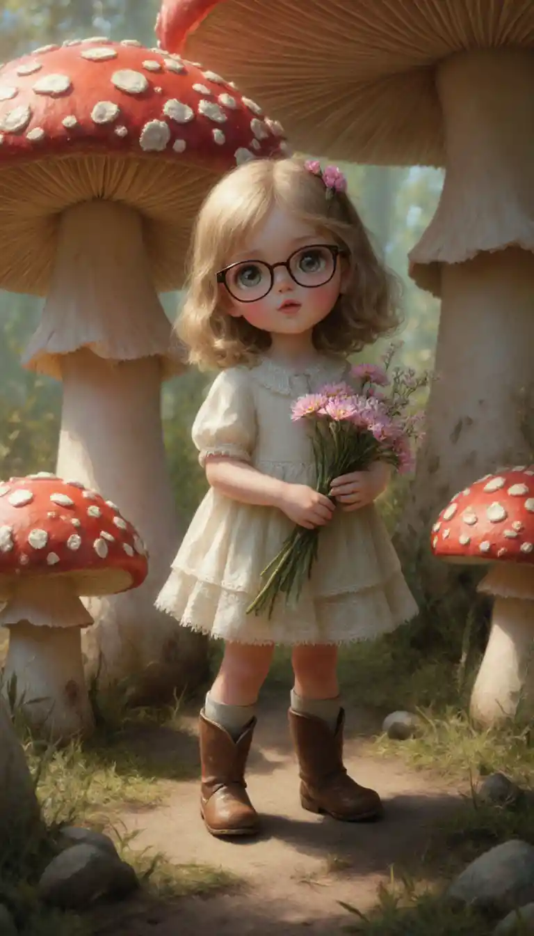 Little girl with glasses among giant fantasy mushrooms