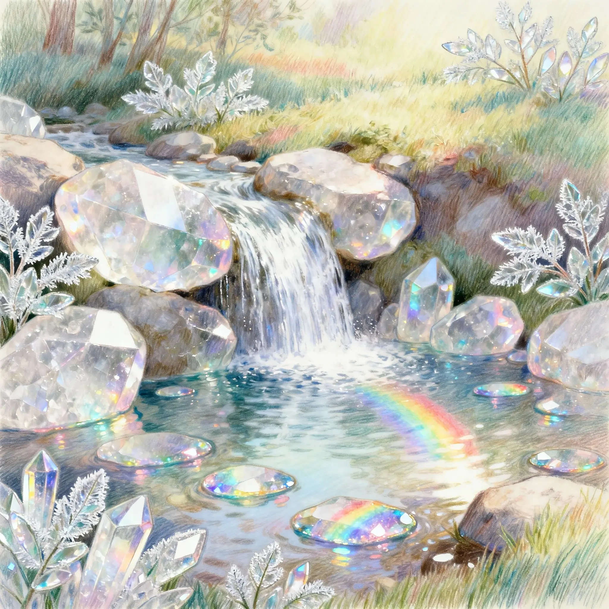 Magical pastoral landscape with crystalline waterfall and plants