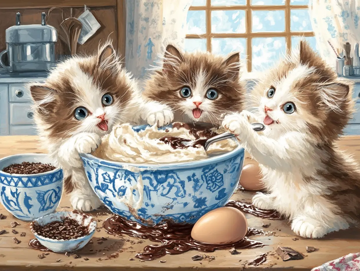 Playful ragdoll kittens causing chaos in a sunny kitchen