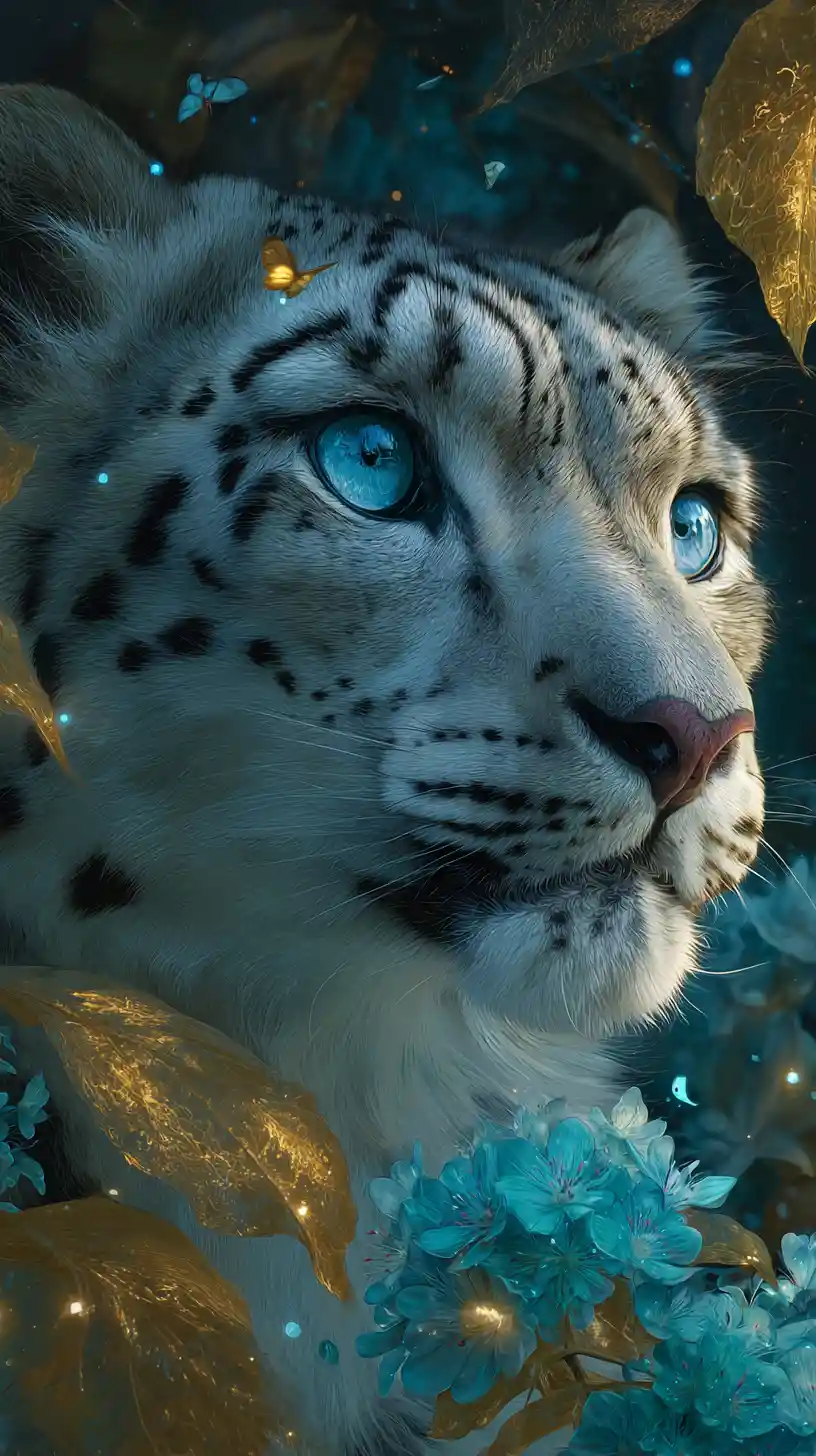 Majestic Snow Leopard Portrait With Glowing Turquoise Flowers