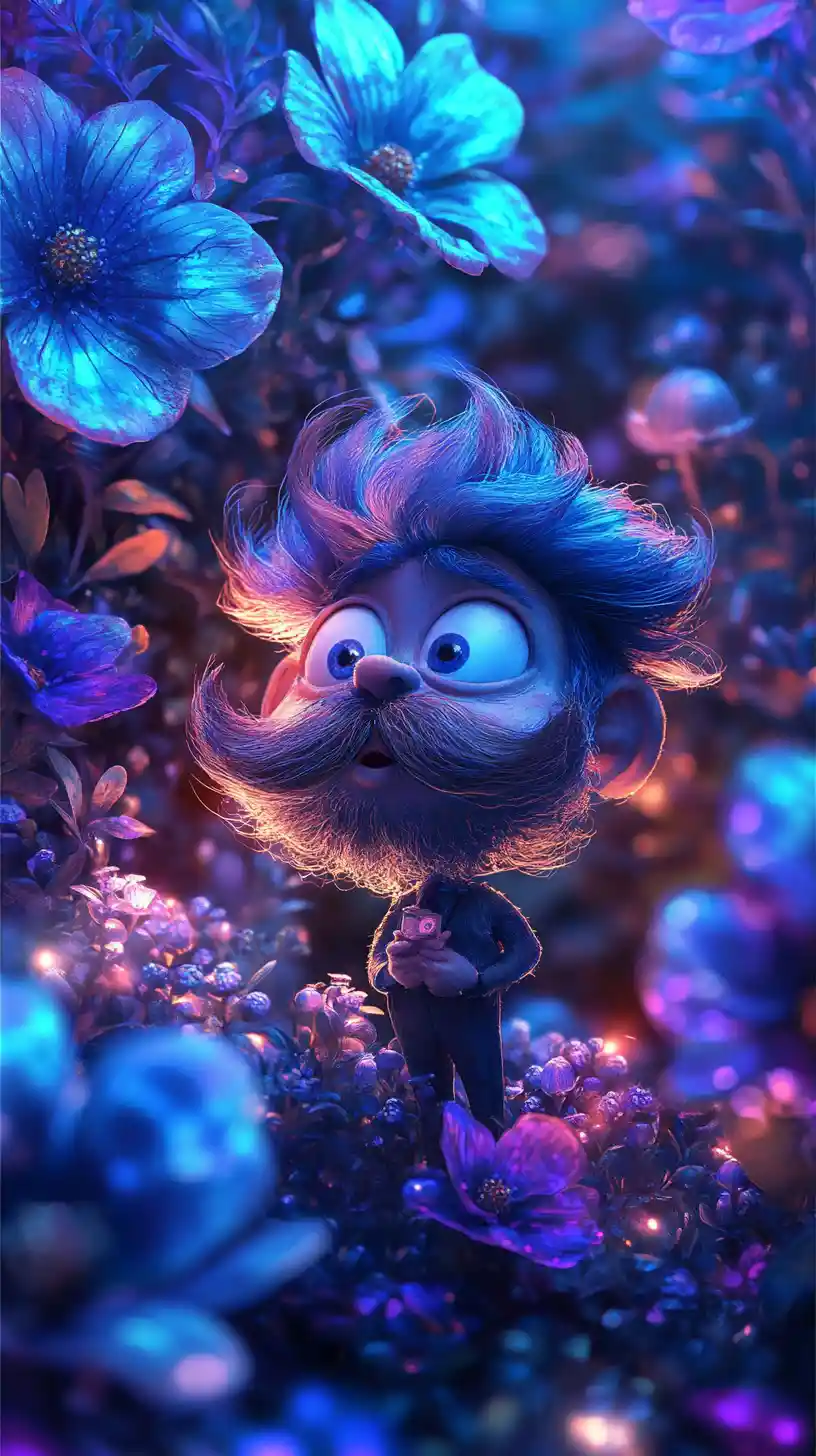 Miniature mustached figure in a vibrant fantasy forest