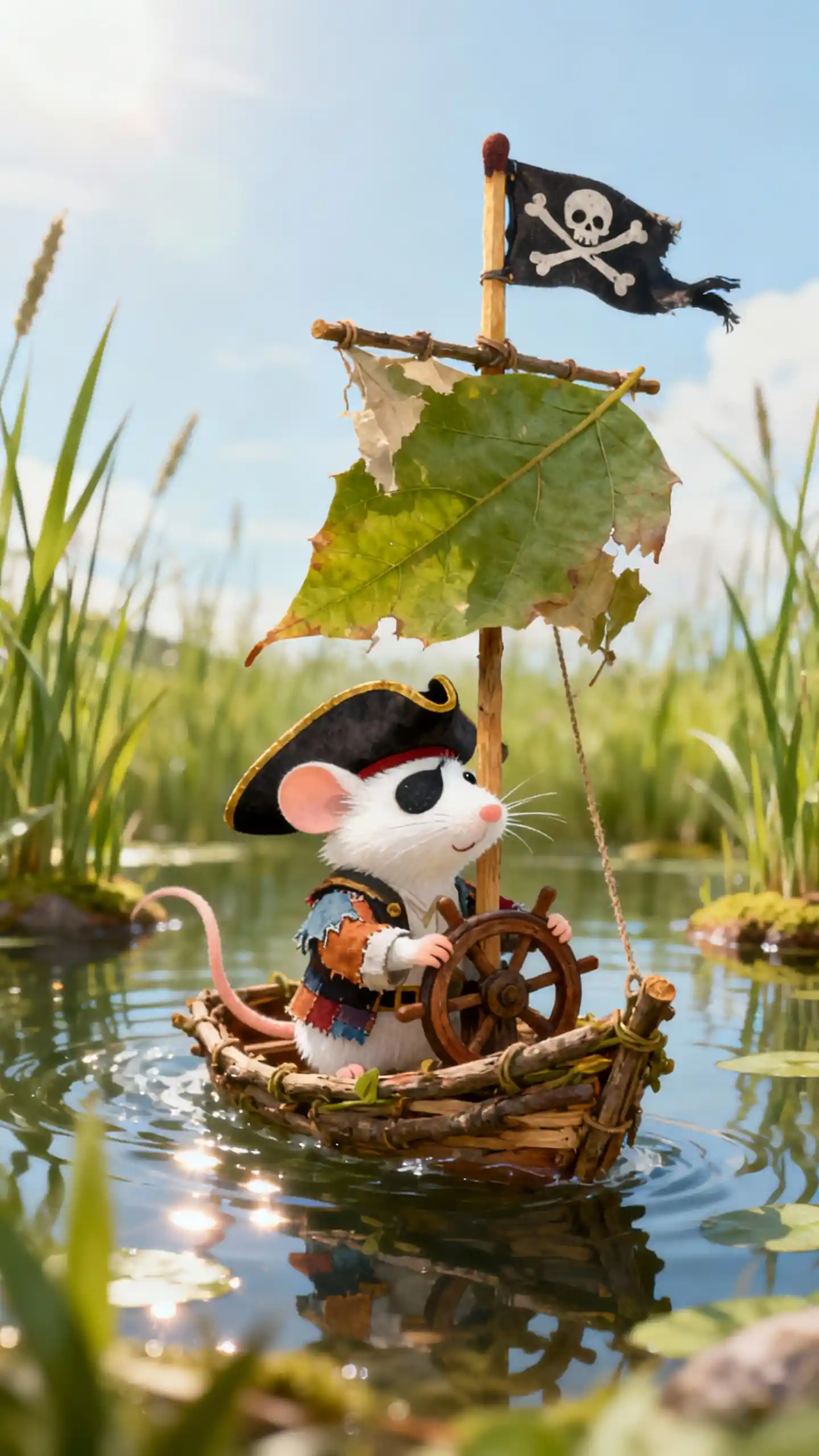 White mouse pirate sailing a tiny twig ship