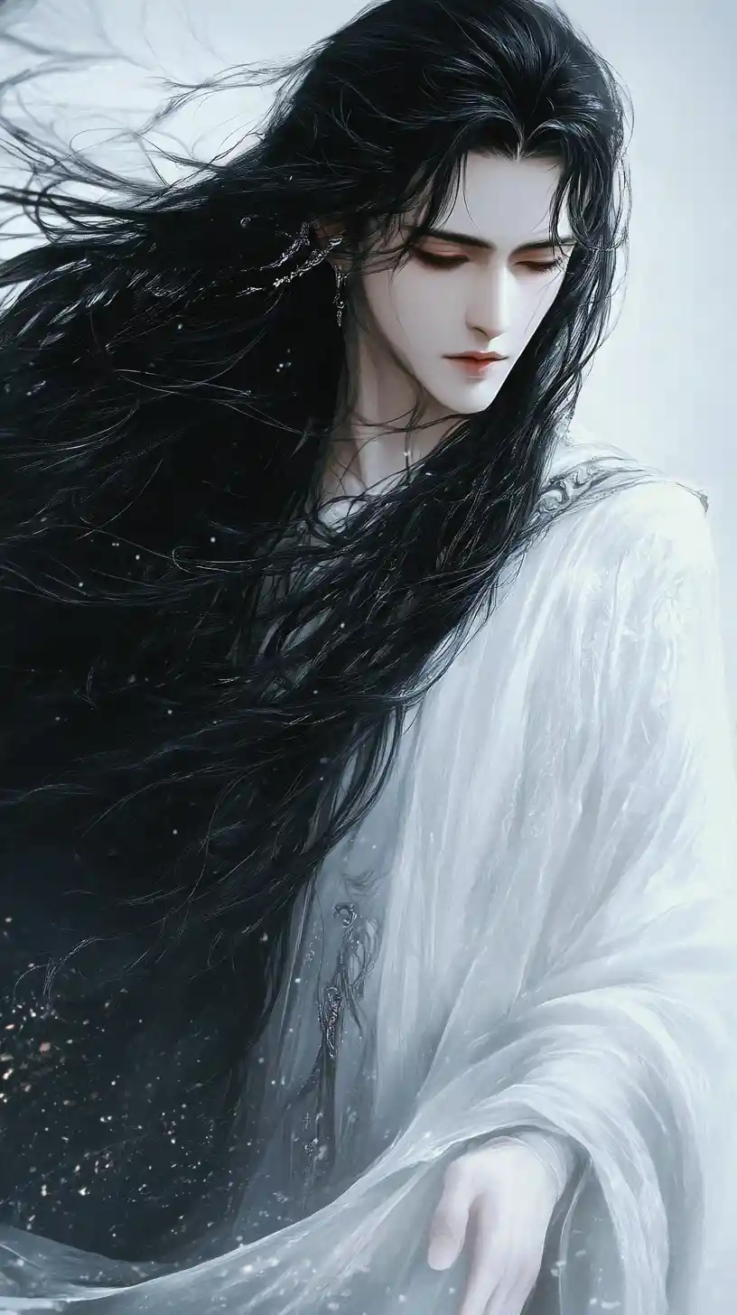 Ethereal man with raven hair in iridescent robes
