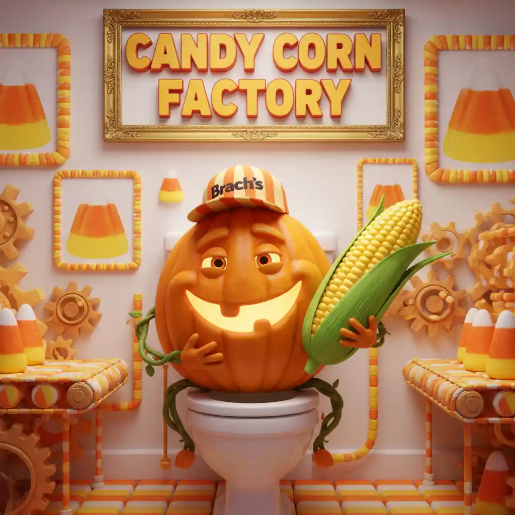 Smiling Halloween Pumpkin In A Whimsical Candy Corn Factory