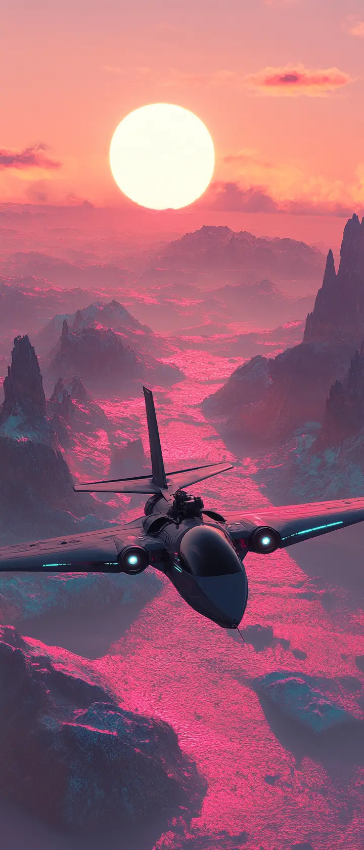 Futuristic Aircraft Over Serene Alien Desert Landscape