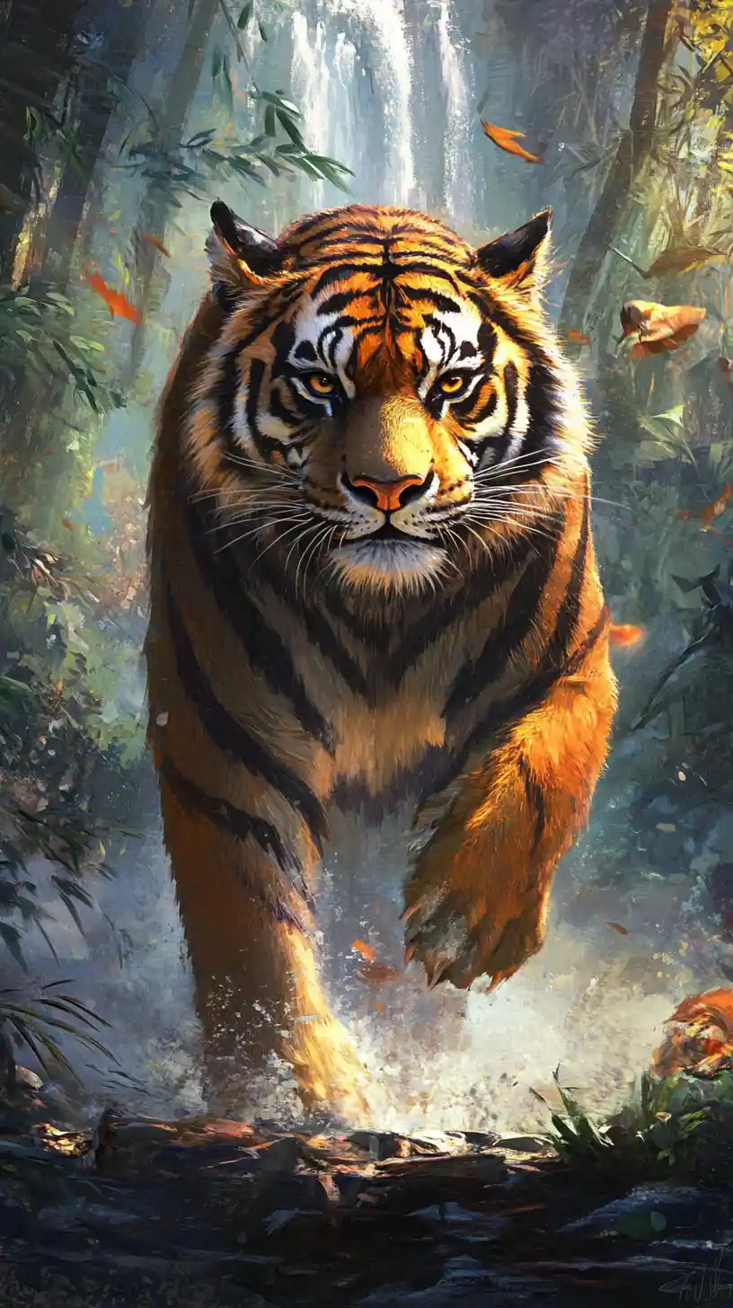 Guardião tigre heroico no portão de uma pacífica vila de fantasia