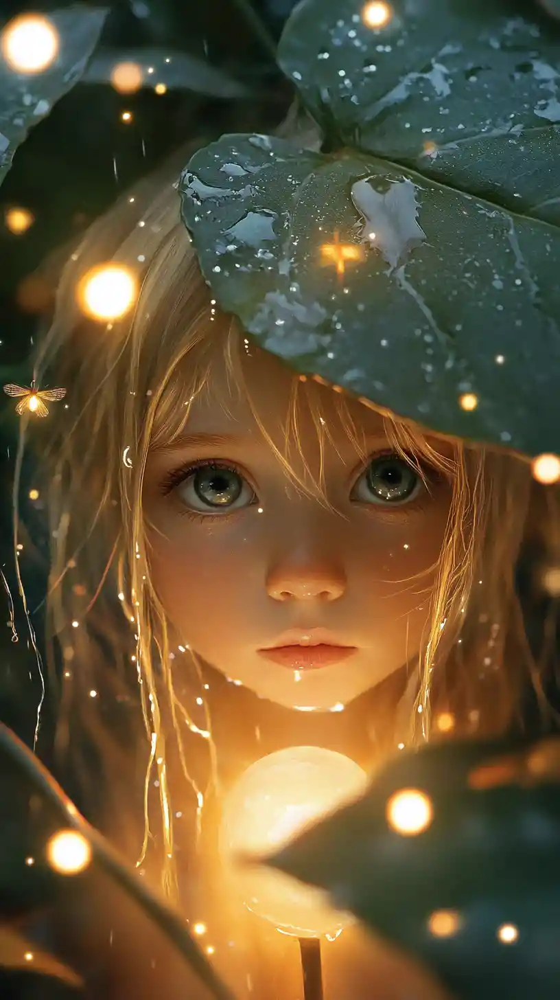 Little girl beneath a rain soaked leaf with fireflies