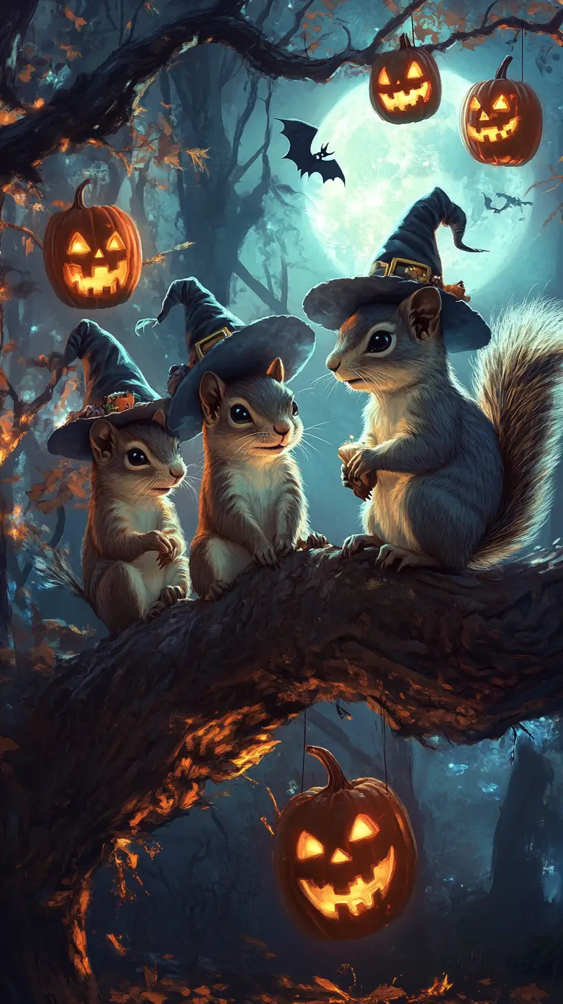 Five squirrels in witch hats on a moonlit forest branch