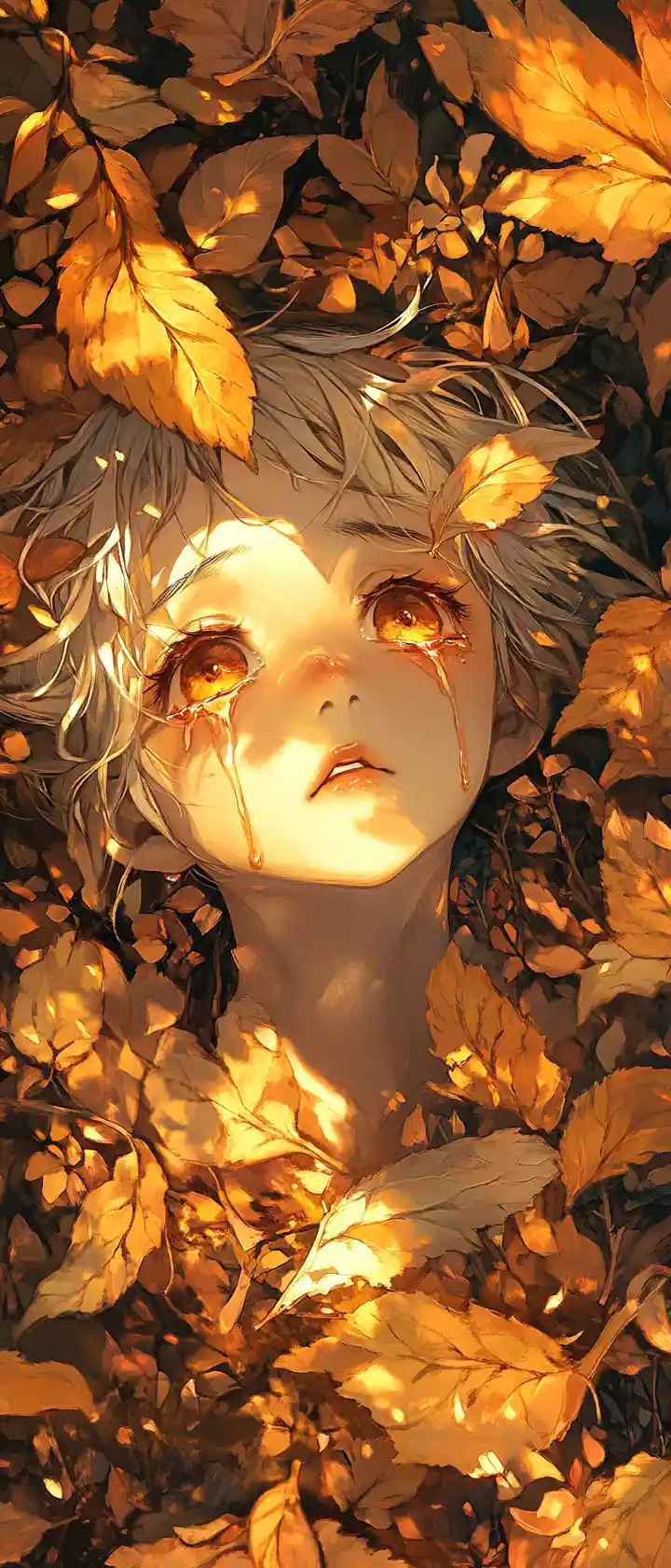 Anime girl in golden autumn forest with falling leaves