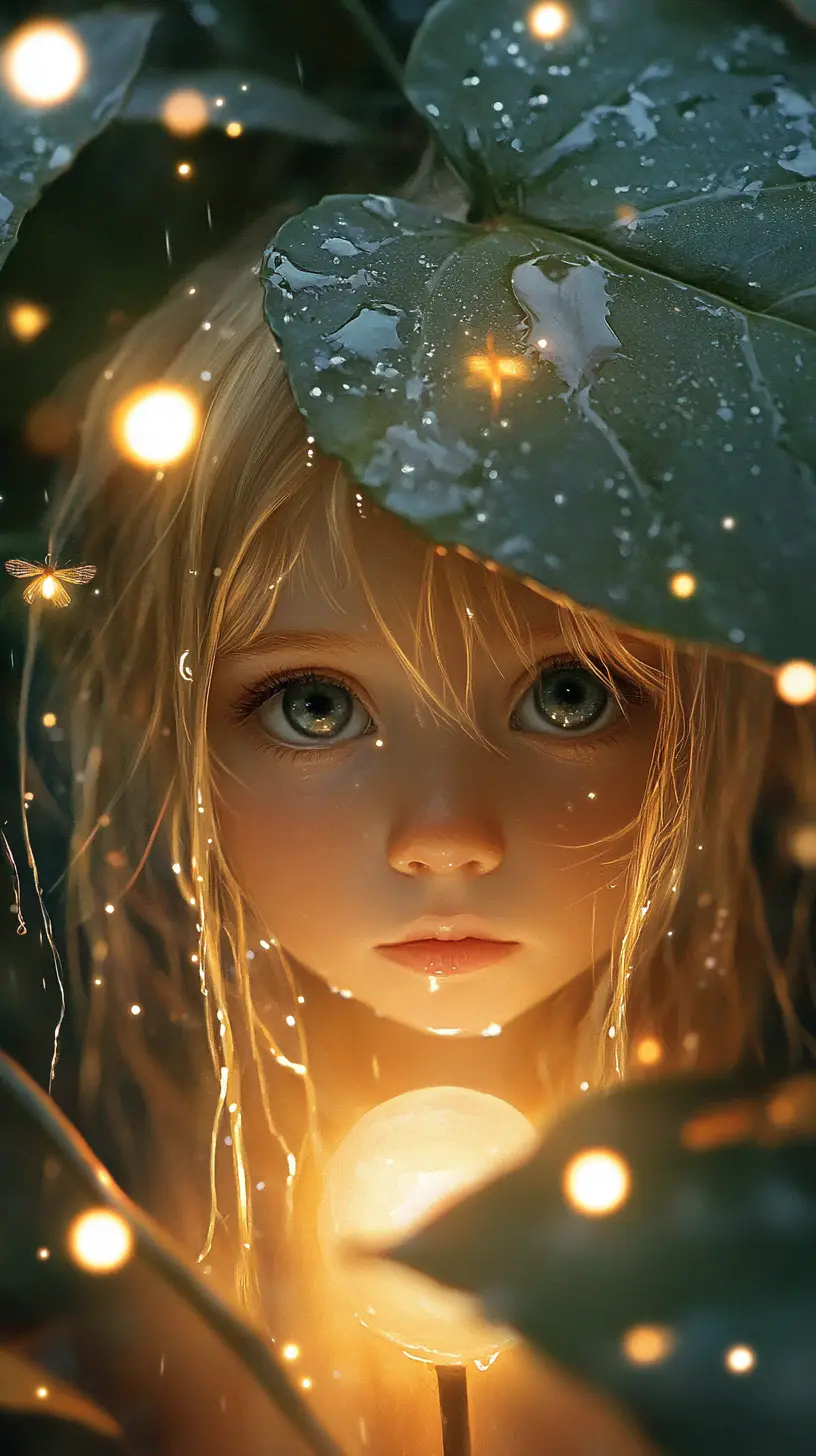 Little girl beneath a rain soaked leaf with fireflies
