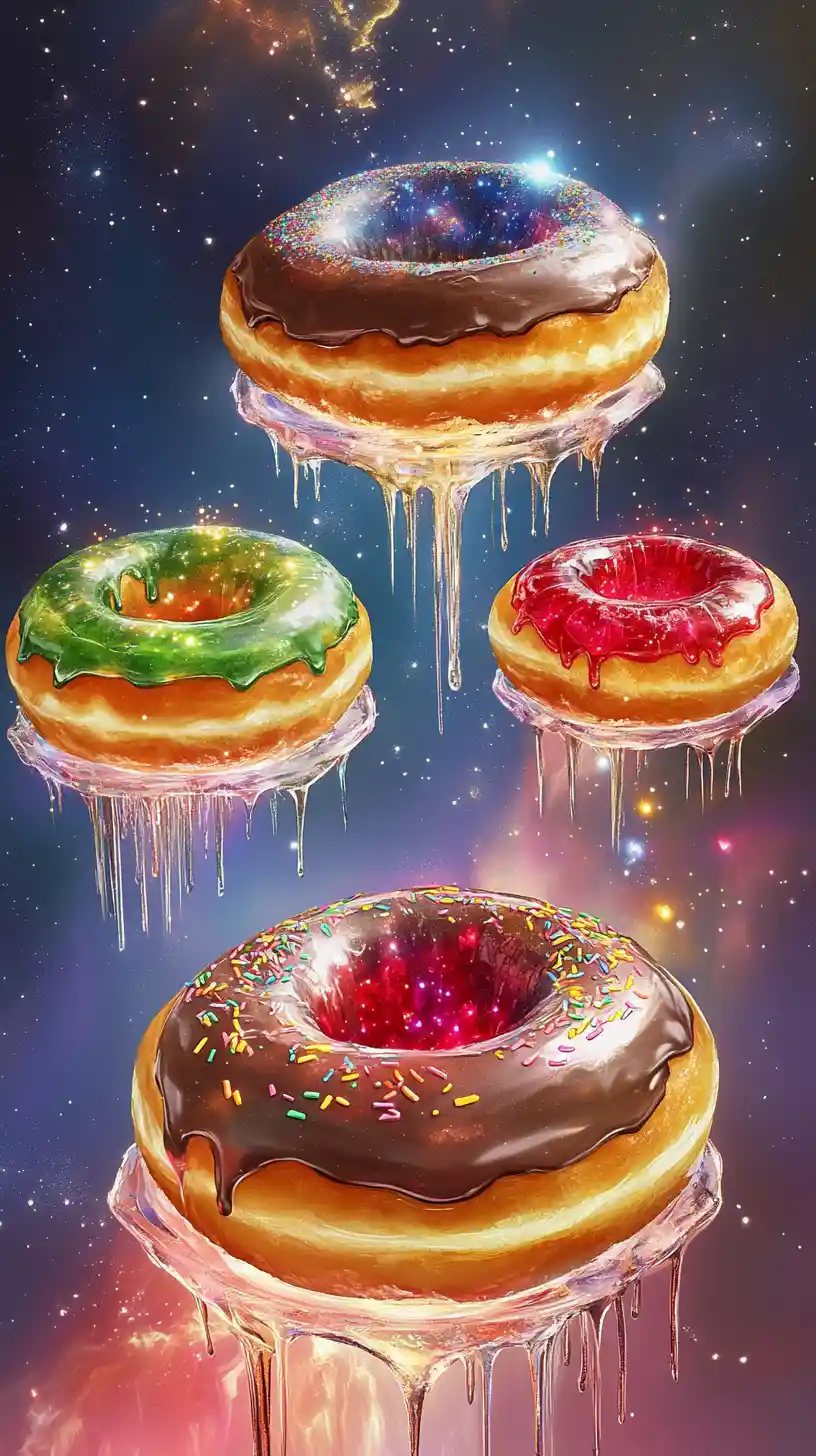 Surreale kosmische Donuts, die als winzige magische Welten schweben