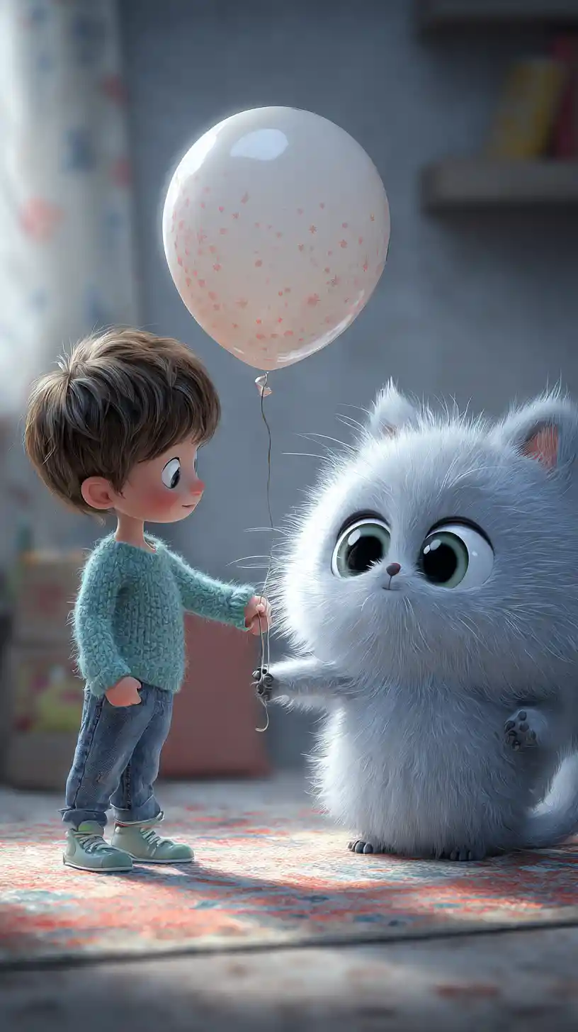 Toddler And Big Eyed Cat Playing With Balloon In Nursery