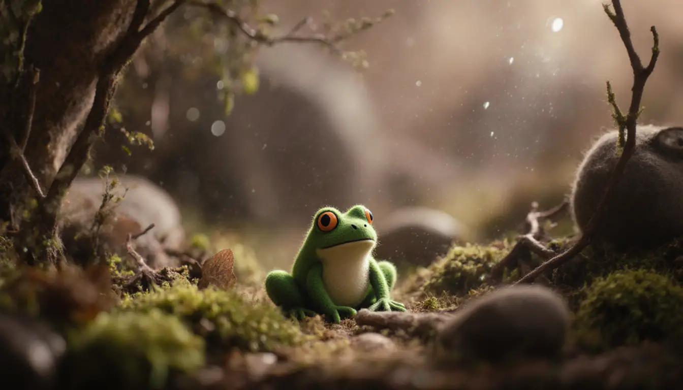Green felt frog in a quiet mossy miniature scene