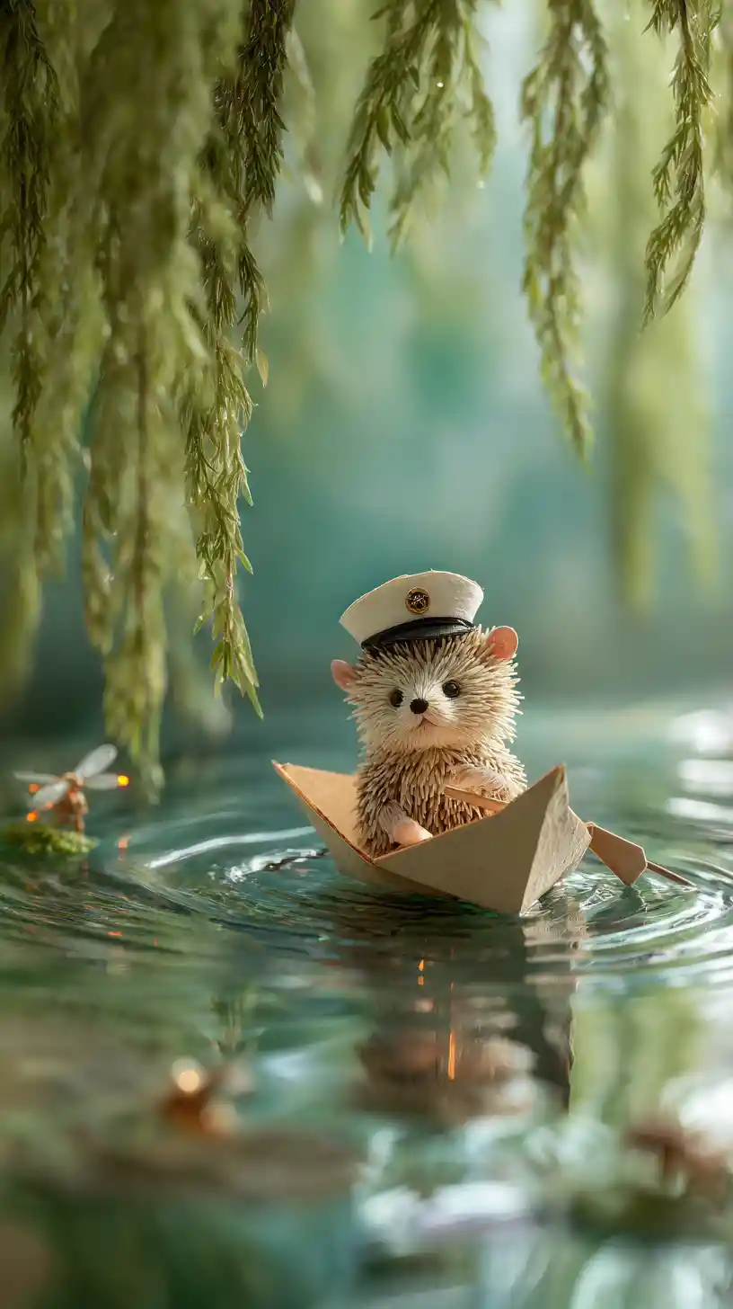 Tiny Hedgehog Sailor Launching A Paper Boat On Pond