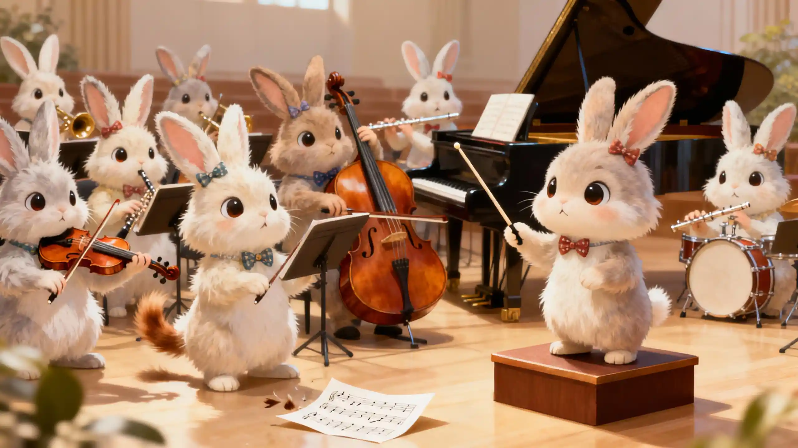 Cute rabbit orchestra with a serious rabbit conductor