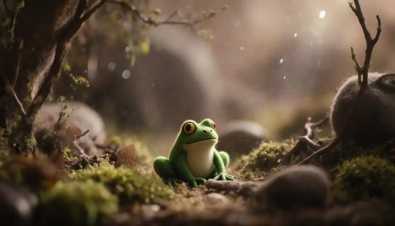 Green felt frog in a quiet mossy miniature scene