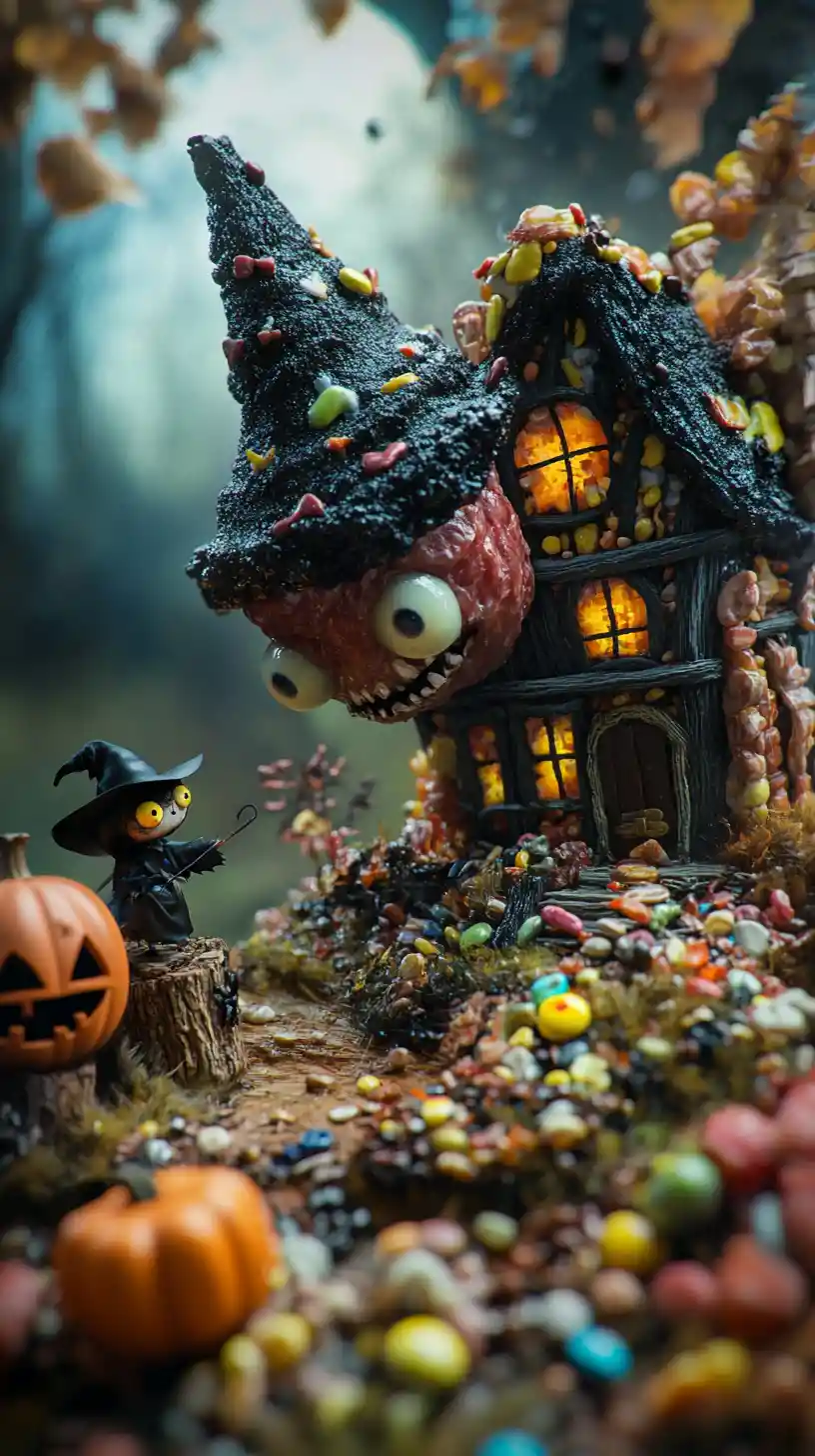 Candy monster and little witch by a fairy tale house