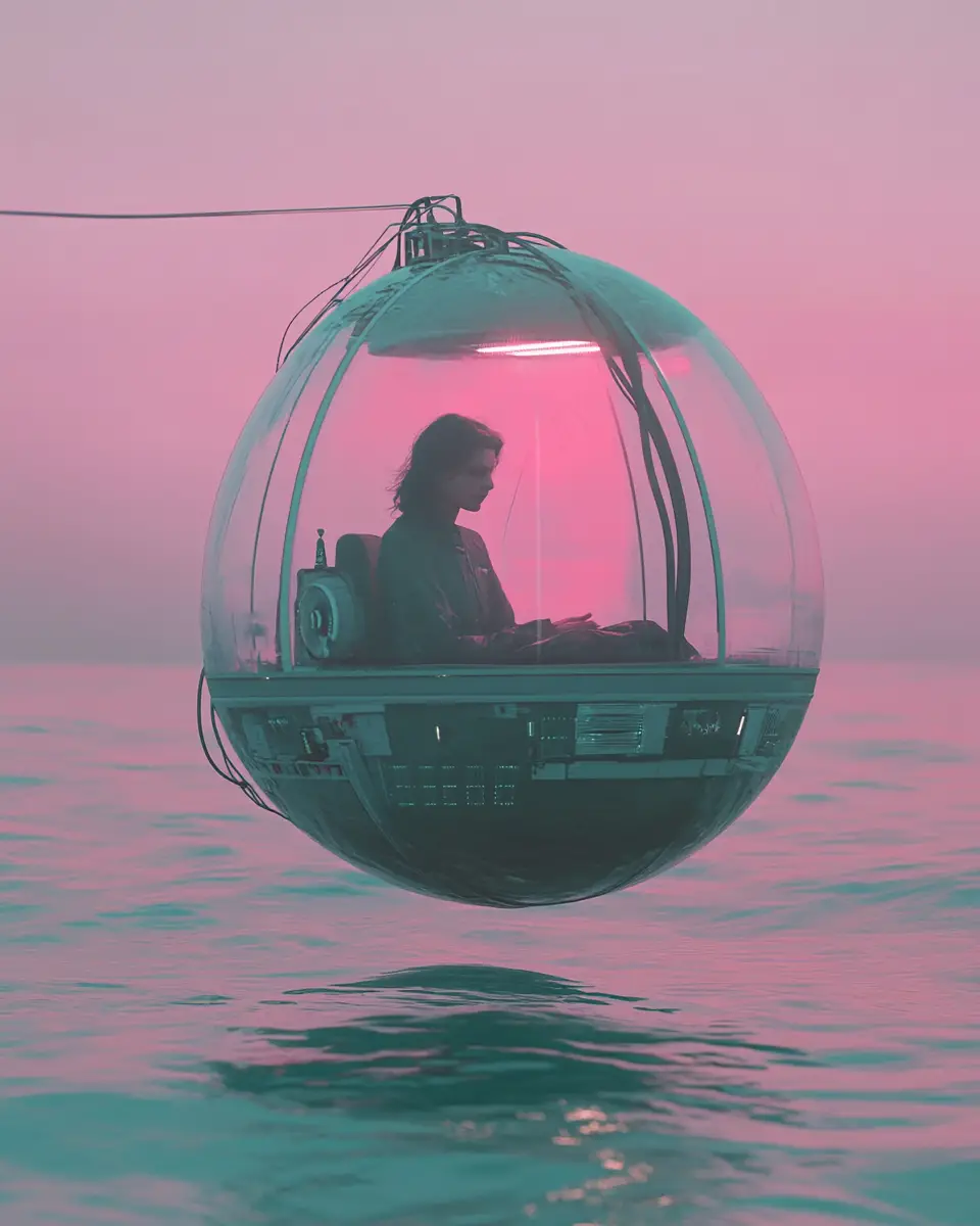 Young woman drifting in a glowing glass capsule above ocean