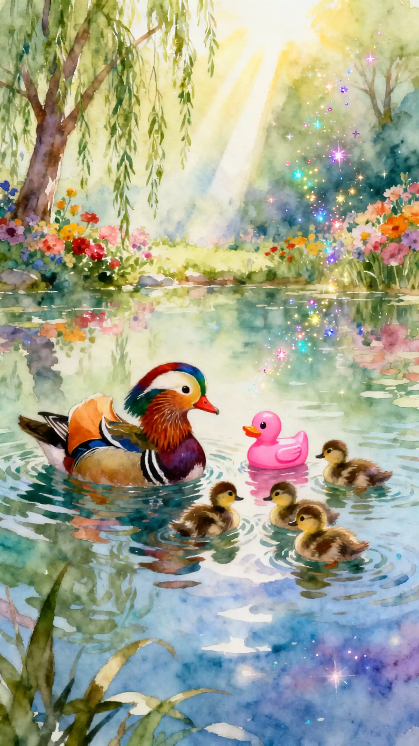 Colorful mother duck with ducklings on a dreamy lake