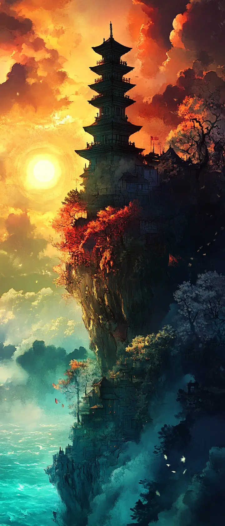 Ancient pagoda lighthouse over turquoise sea at sunset