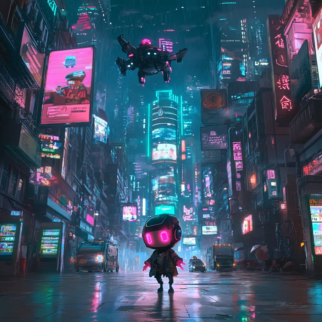 Chibi cyberpunk city with neon towers at night