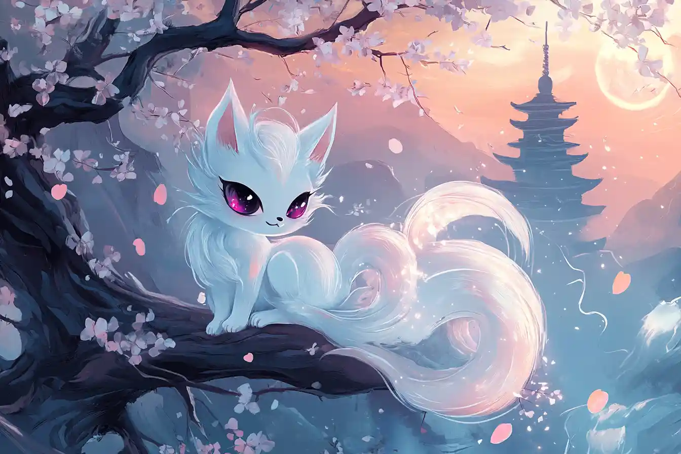 Chibi Nine Tailed Fox On Glowing Cherry Blossom Branch