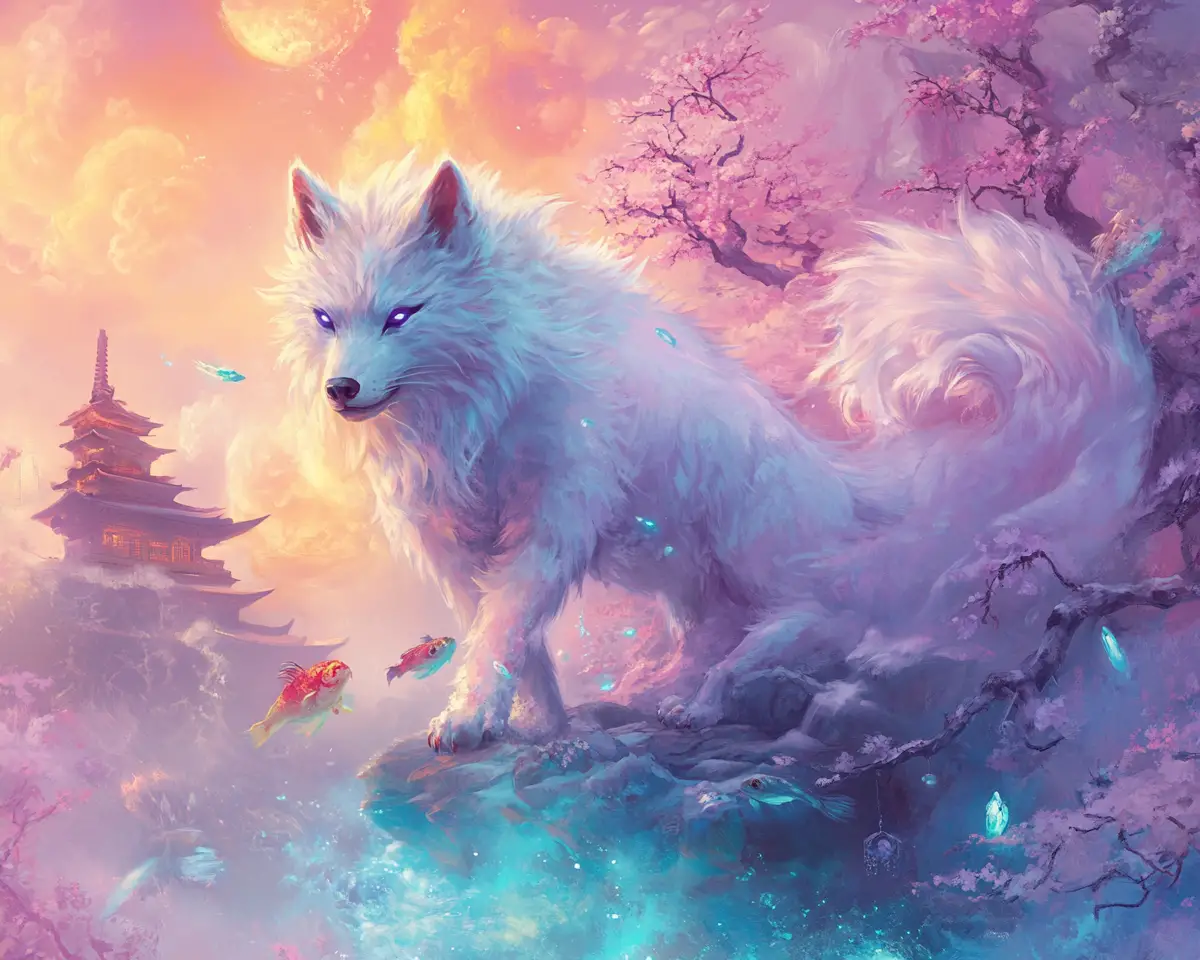 Tiny mystical wolf on glowing cherry blossom branch