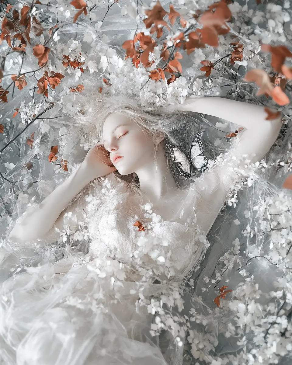 Melancholic woman on autumn leaves in misty dreamscape