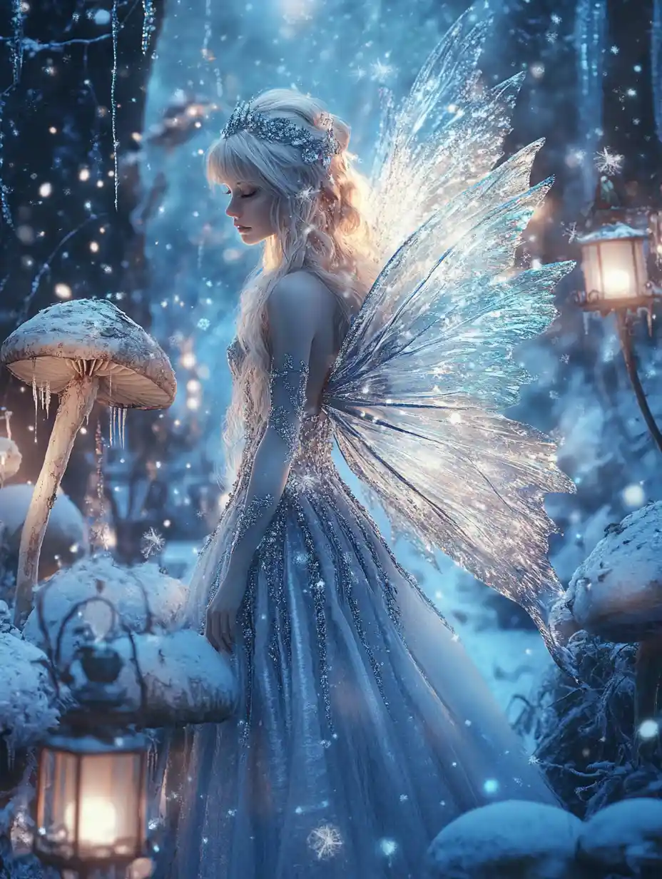 Ethereal winter fairy in a moonlit enchanted forest