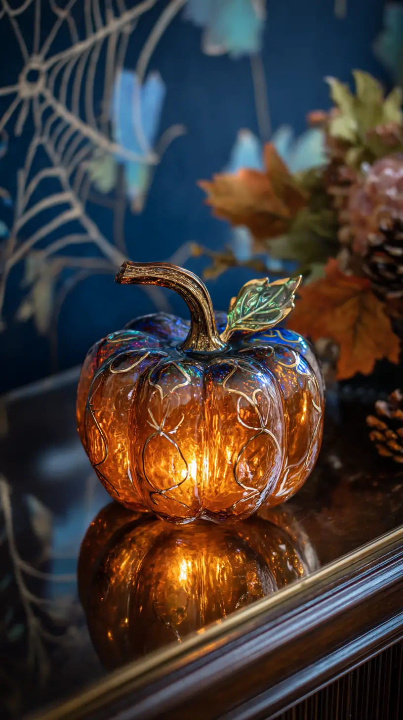 Glowing glass pumpkin centerpiece on wooden buffet table