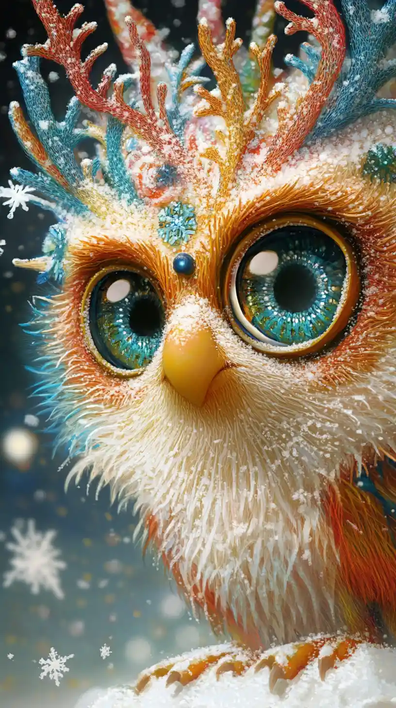 Surreal fuzzy winter animal in a vibrant snowy dream