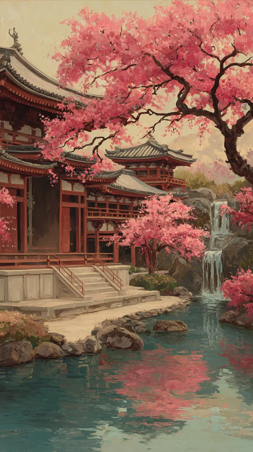 Traditional japanese temple by a tranquil cherry blossom pond