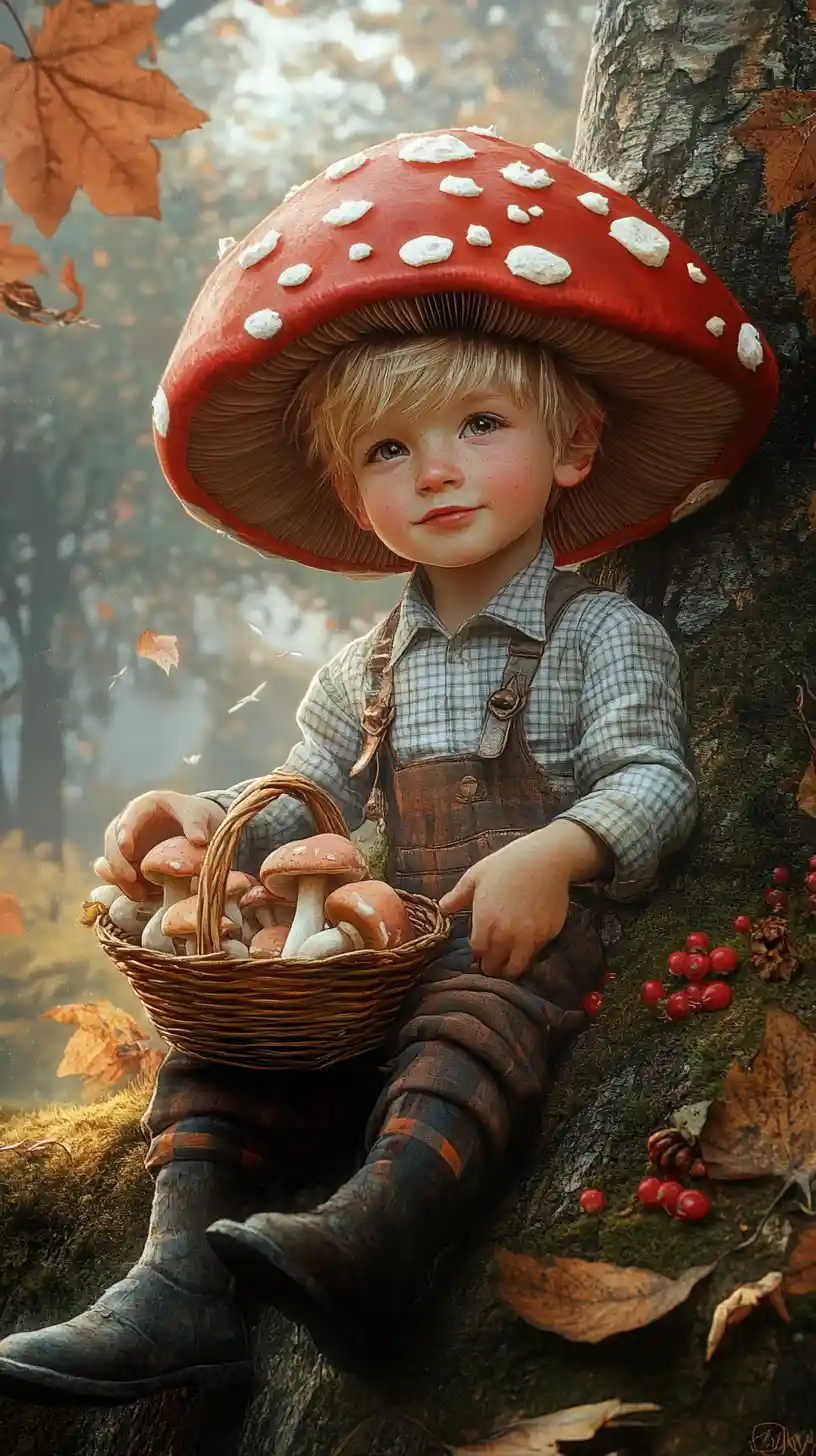 Little boy with mushroom hat sitting on forest log