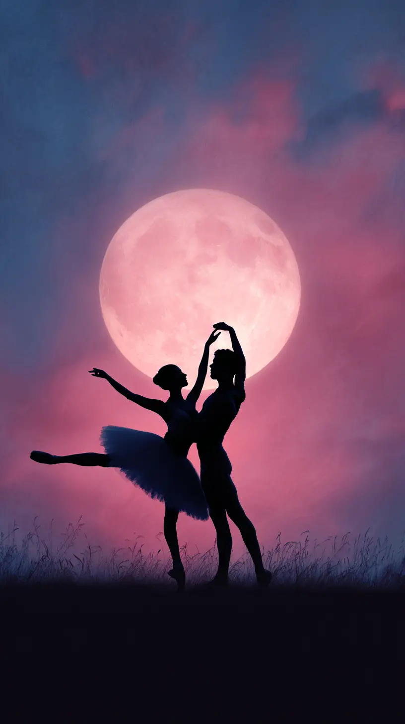 Ballet dancers silhouetted before a glowing full moon