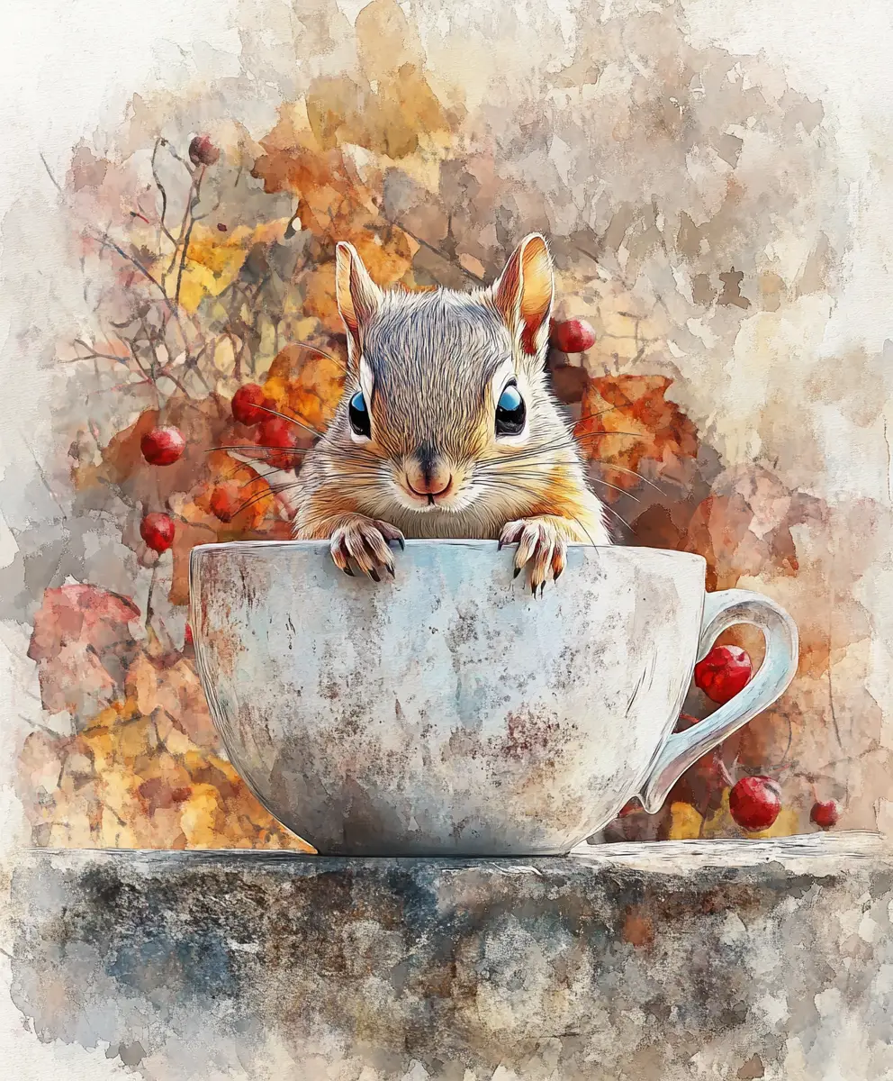 Whimsical baby chipmunk in an autumn teacup illustration