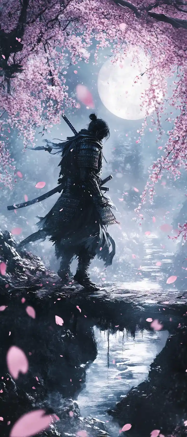 Spectral samurai dueling an oni on a ghostly bridge