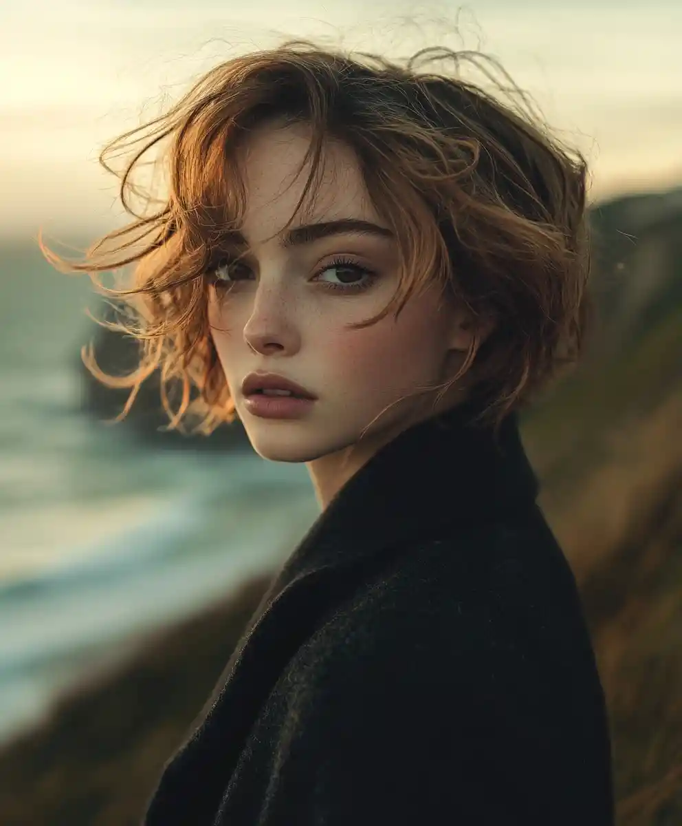 Woman in wool coat by the ocean at sunset