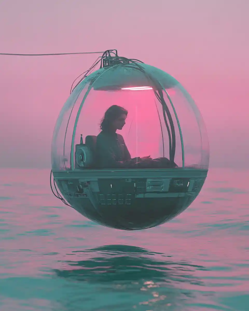 Young woman drifting in a glowing glass capsule above ocean