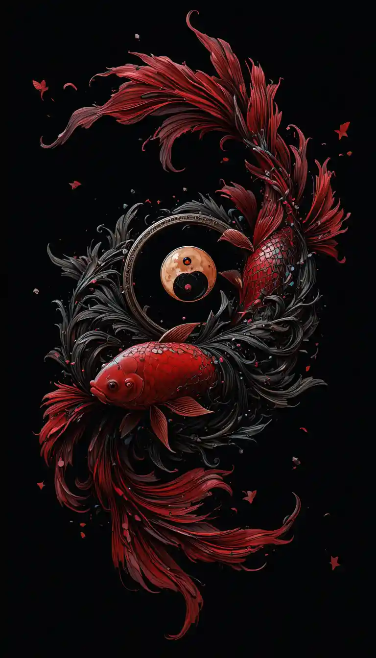Red and black goldfish circling a yin yang symbol