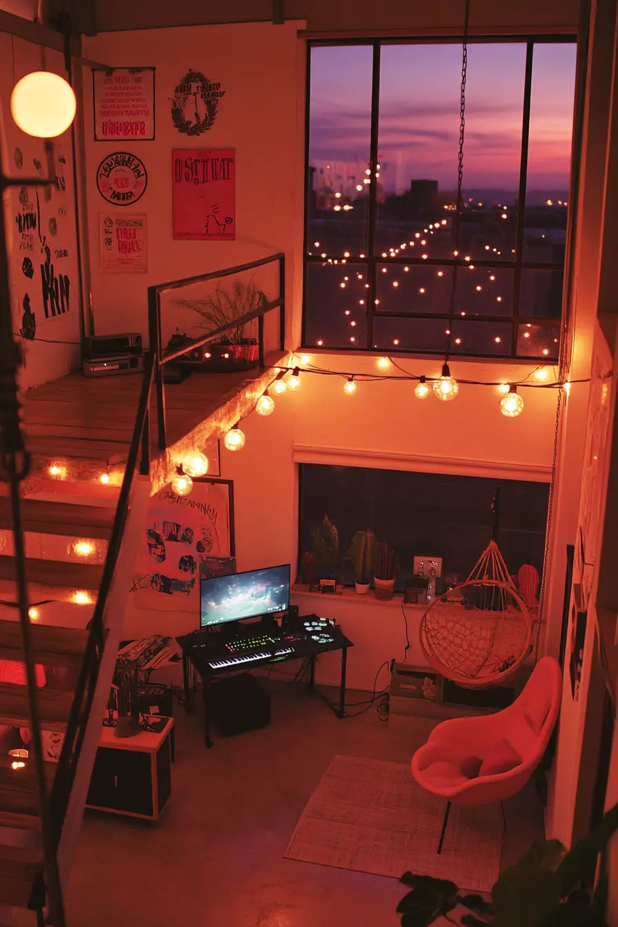 Cozy loft gaming room with string lights and decor