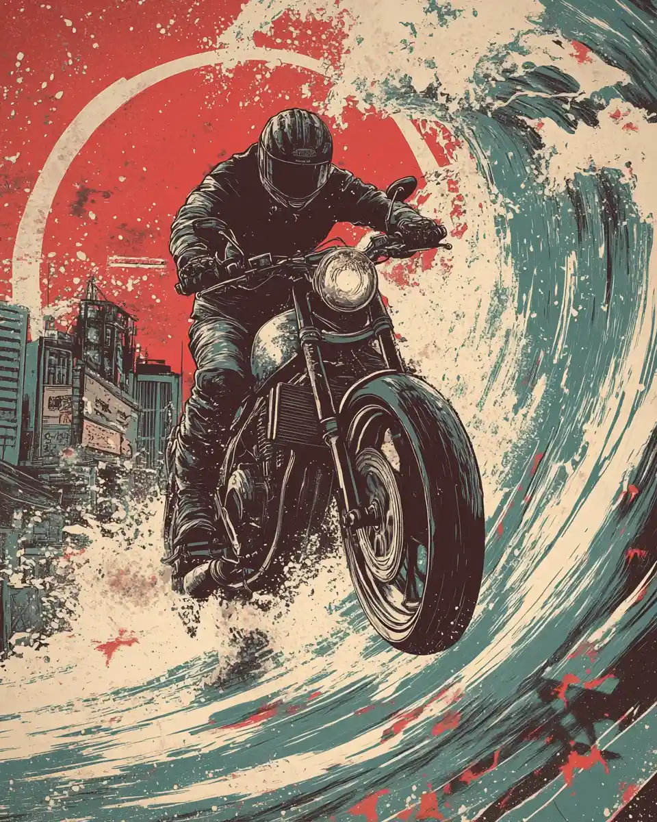 Enorme onda de tsunami com um motociclista no seu topo
