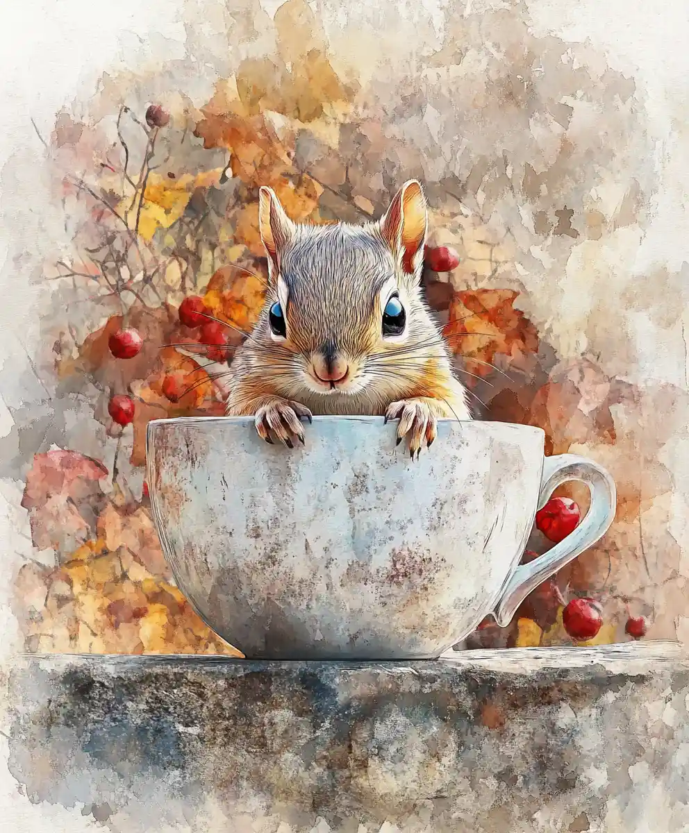 Whimsical baby chipmunk in an autumn teacup illustration